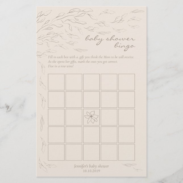 Minimalist Printable Baby Shower Bingo Game (Front)