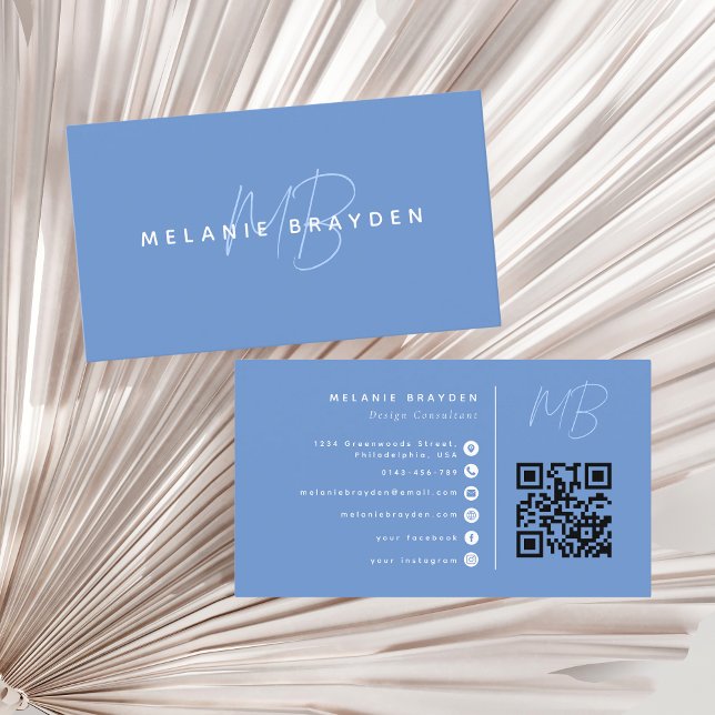 Minimalist Professional Monogram QR Code Dust Blue Business Card (Creator Uploaded)