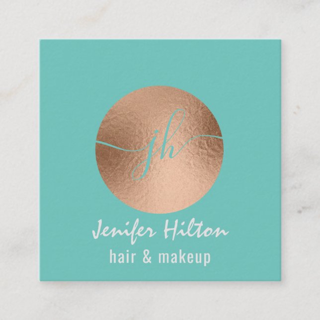 Minimalist professional  rose gold circle monogram square business card (Front)