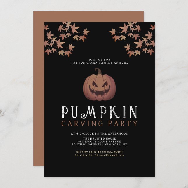 Minimalist Pumpkin Spooky Carving Party Halloween Invitation (Front/Back)