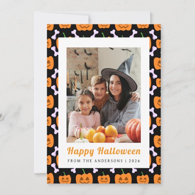 Minimalist Pumpkin Vintage Happy Halloween 1 Photo Holiday Card (Front)