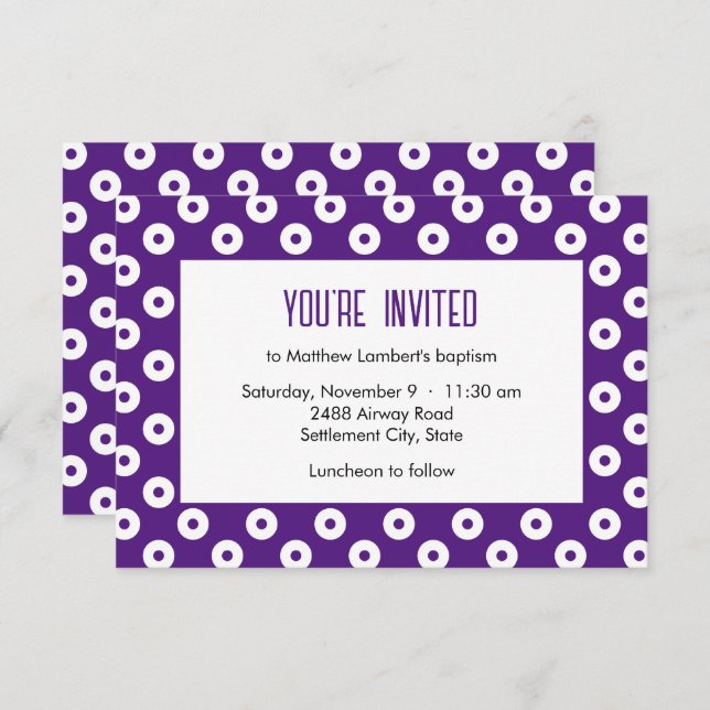 Minimalist Purple and White Polka-Dot Baptism Invitation (Front/Back)