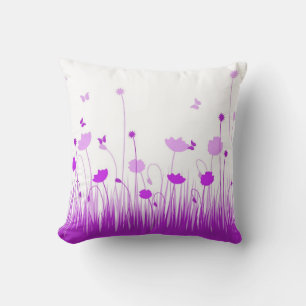 Minimalist Purple and White Poppies Meadow Floral Cushion