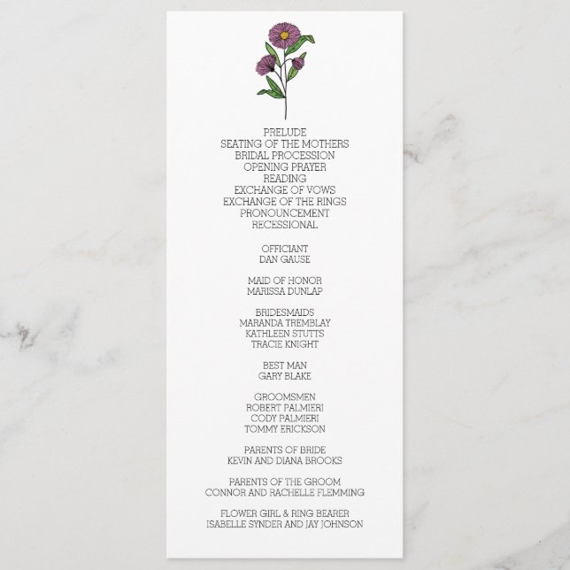 Minimalist Purple Aster Wedding Program Programme (Front)