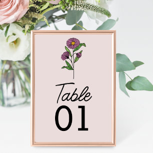 Minimalist Purple Aster Wedding Table Number