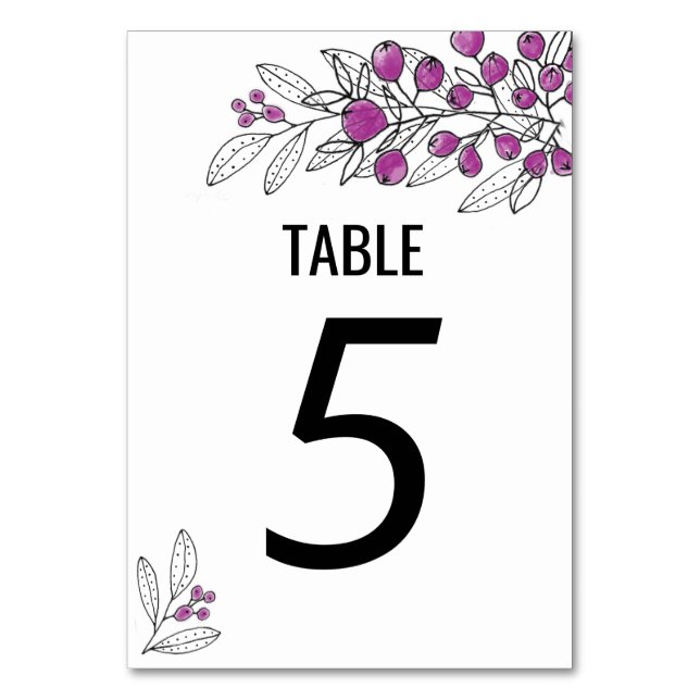 Minimalist Purple Berries Leaf Outline Table Number (Front)