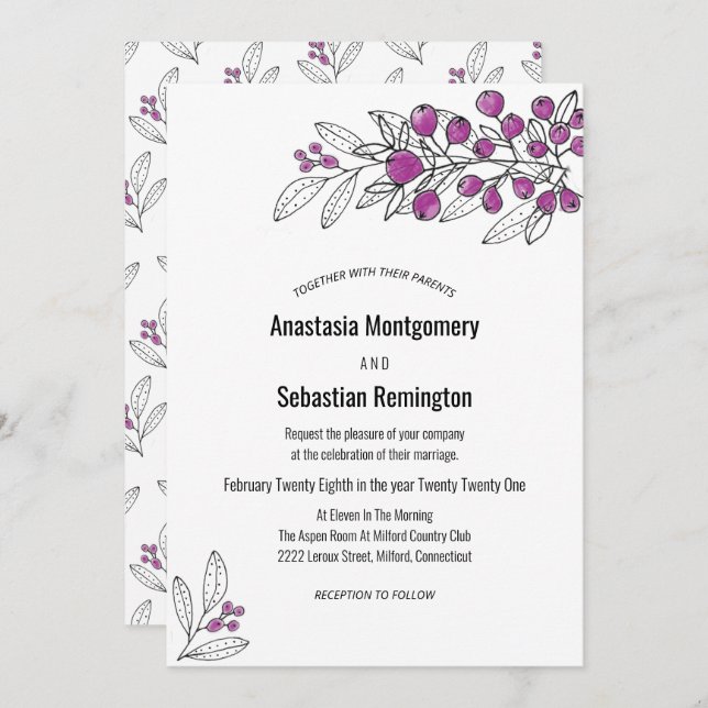 Minimalist Purple Berry Leaf Wedding Invitation (Front/Back)