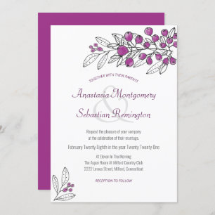 Minimalist Purple Berry Leaf Wedding Invitation