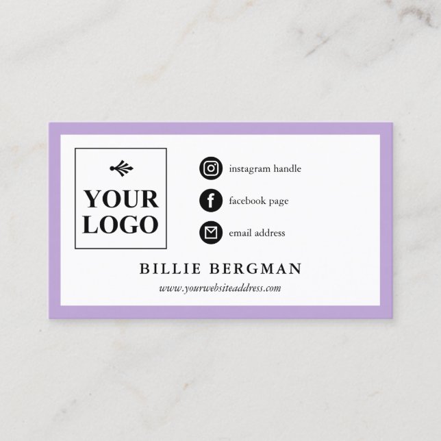 Minimalist Purple Black Social Media Your Logo Business Card (Front)