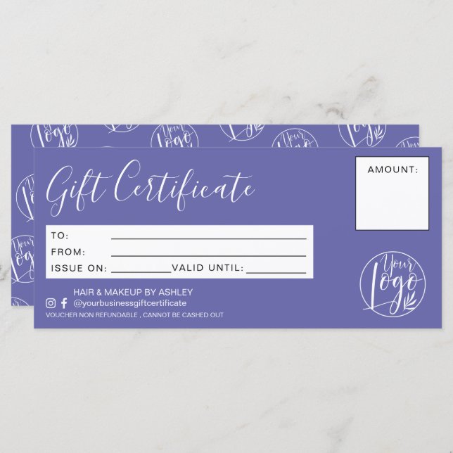 Minimalist purple blue gift certificate logo (Front/Back)