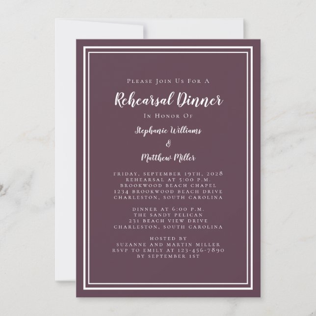 Minimalist Purple Cassis Wedding Rehearsal Dinner Invitation (Front)