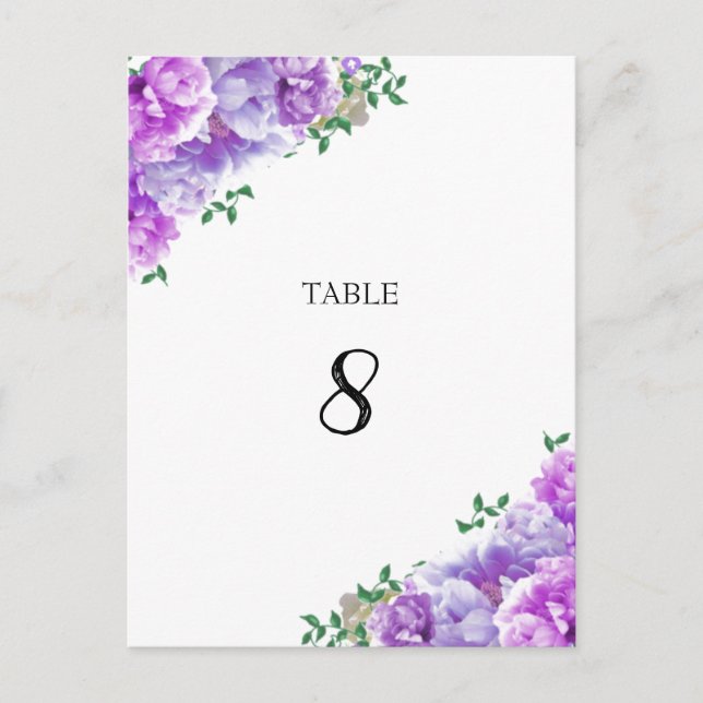 Minimalist Purple Floral Table Seating Number Card (Front)