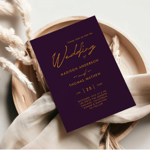 Minimalist Purple Gold Modern Typography Wedding Invitation
