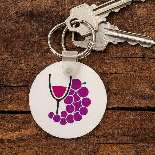 Minimalist Purple Grapes and Wine Glass Key Ring
