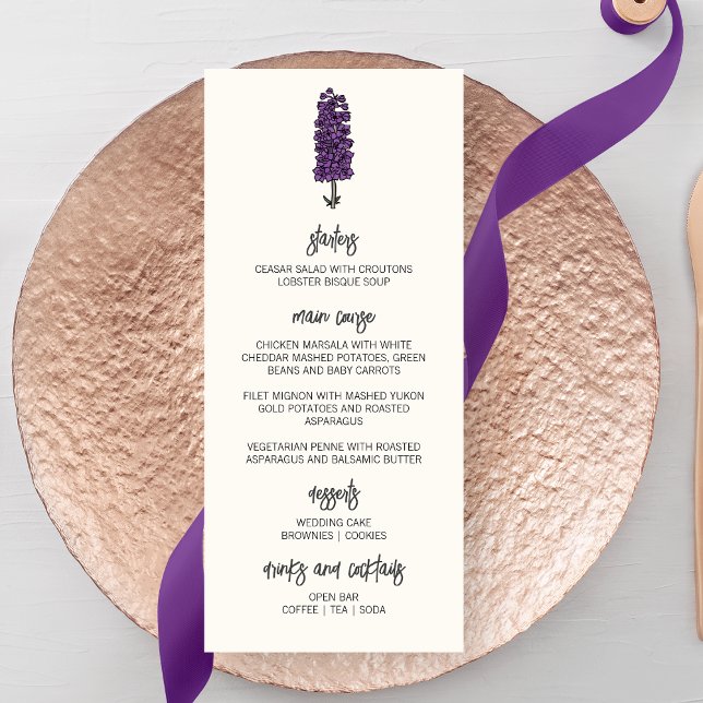  Minimalist Purple Larkspur Wedding Menu (Creator Uploaded)