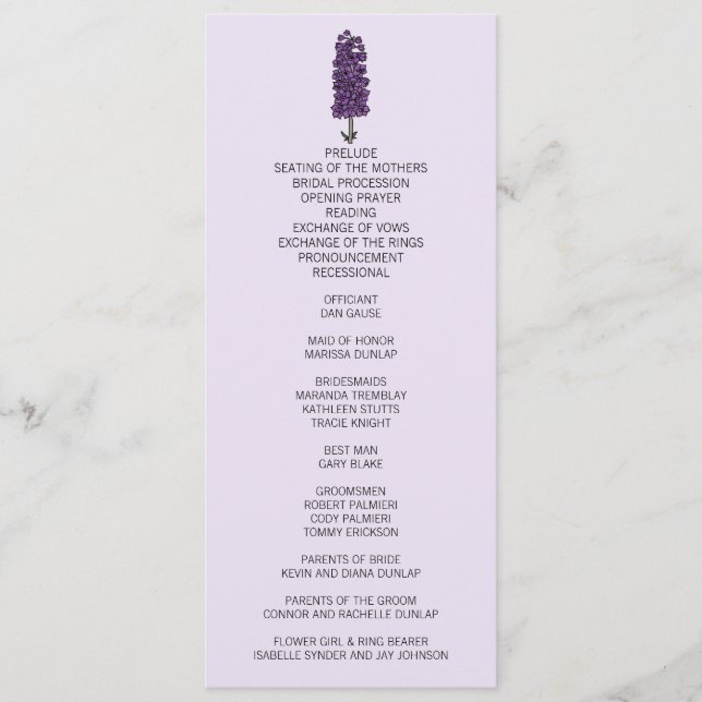 Minimalist Purple Larkspur Wedding Program Programme (Front)