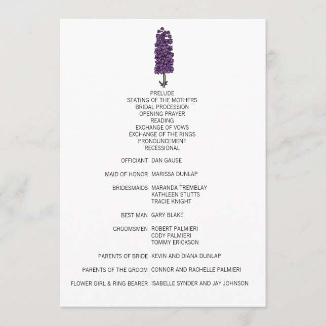Minimalist Purple Larkspur Wedding Program Programme (Front)