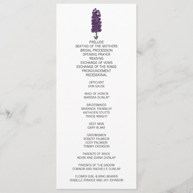Minimalist Purple Larkspur Wedding Program Programme (Front)