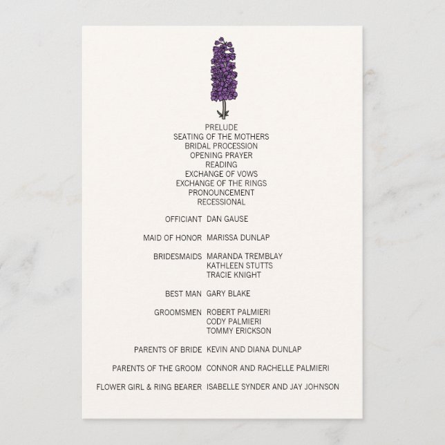 Minimalist Purple Larkspur Wedding Program Programme (Front)