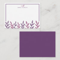 Minimalist Purple Leaves Script Monogram Note Card