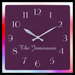 Minimalist Purple, Name, Round or  Square Wall Clock<br><div class="desc">CHOOSE YOUR OWN BACKGROUND COLOR to decorate this personalized clock. Default is purple. You can easily change the text and background color - or keep my sophisticated minimalist aubergine and gray design. Wall clock can be round or square. What a wonderful gift for an engagement, wedding, bridal shower, or new...</div>