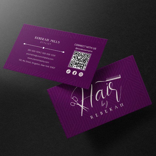 Minimalist Purple Pattern Hairstylist QR Code Business Card (Creator Uploaded)