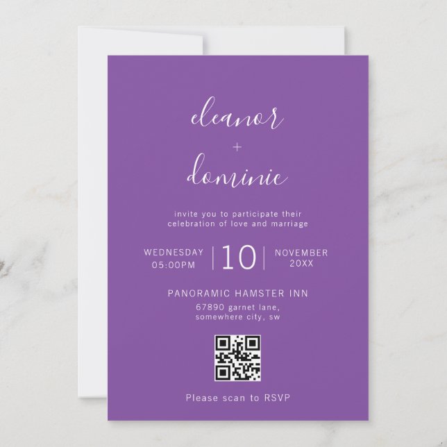 Minimalist Purple Photo RSVP QR Code Wedding Invitation (Back)