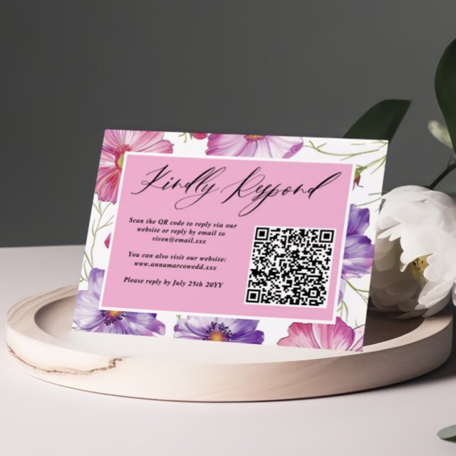 Minimalist Purple Pink Floral Wedding QR Code  RSVP Card (Creator Uploaded)