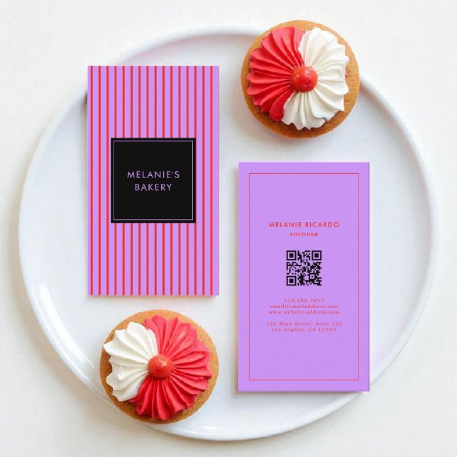 Minimalist Purple & Red Stripes QR Code Bakery  Business Card (Creator Uploaded)