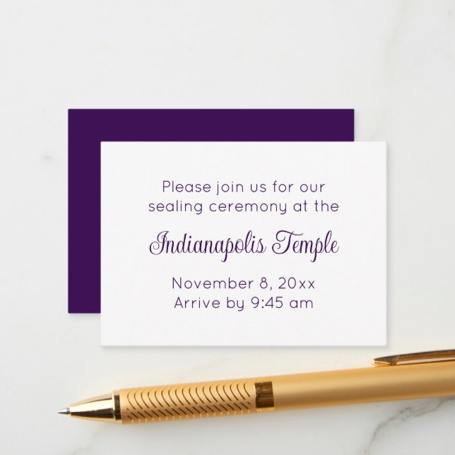 Minimalist Purple Script Temple Sealing Invitation (Front/Back In Situ)