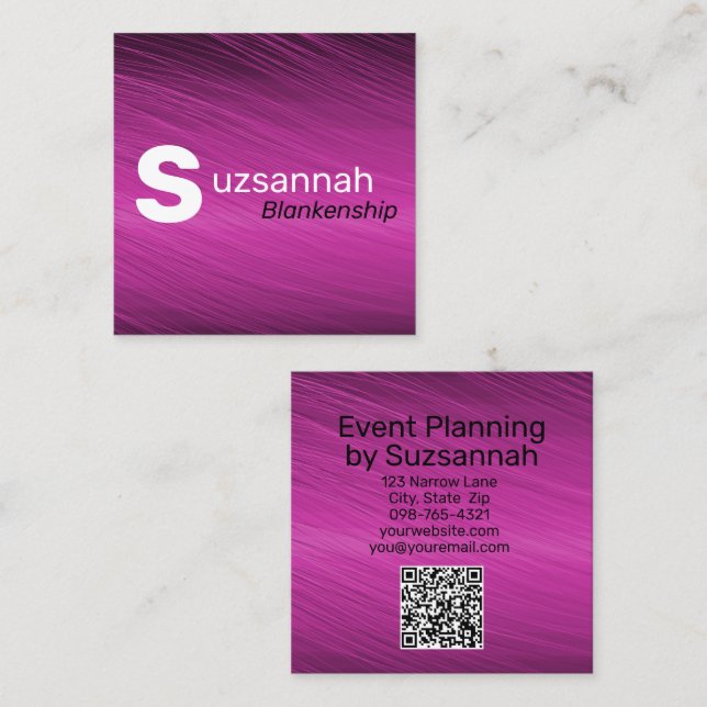 Minimalist Purple Streaks Large Text QR Code Square Business Card (Front/Back)