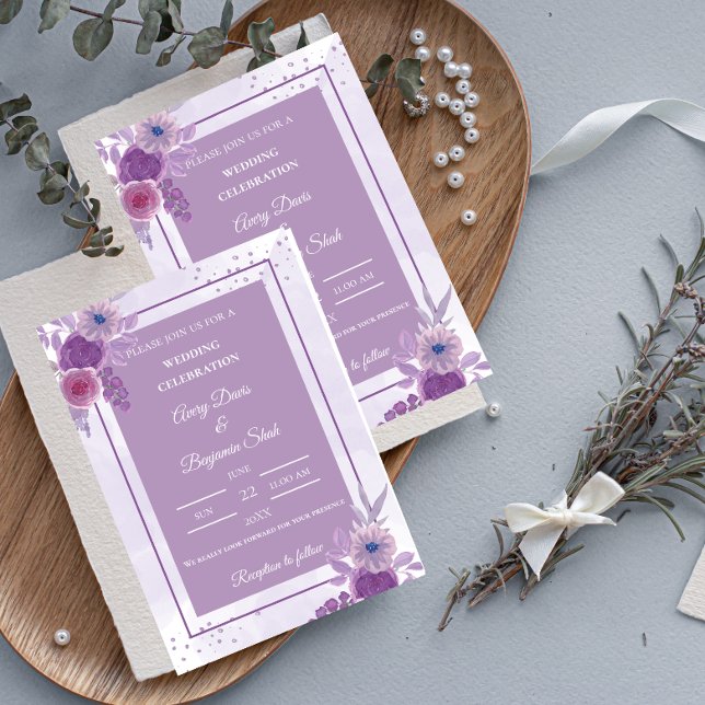 Minimalist purple watercolor wedding invitation (Creator Uploaded)
