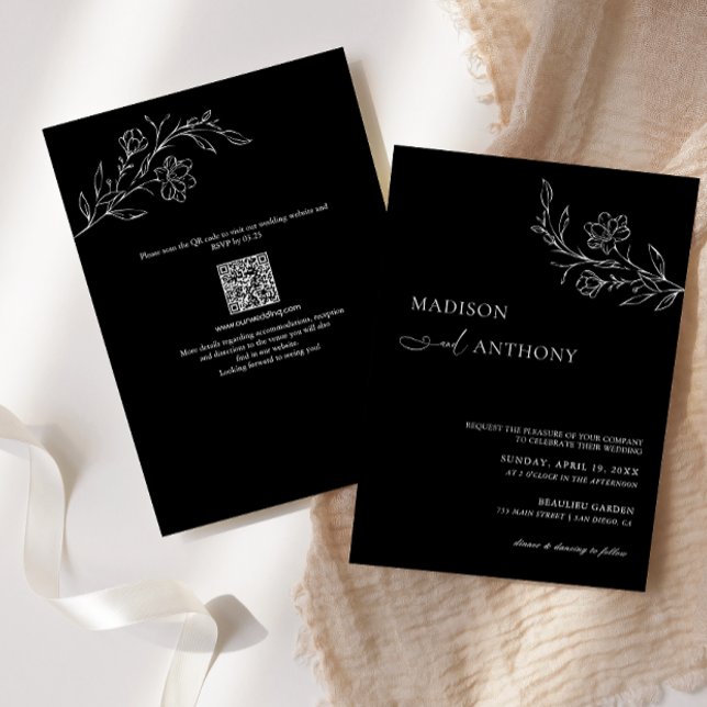 Minimalist QR Code Black Floral Line Art Wedding  Invitation (Creator Uploaded)