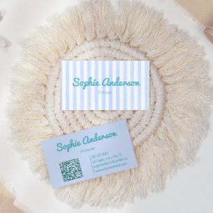 Minimalist Qr Code Blue Watercolor Striped Business Card