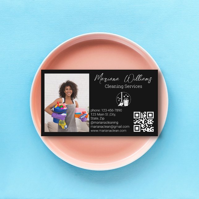 minimalist qr code cleaning services photo black business card (Creator Uploaded)