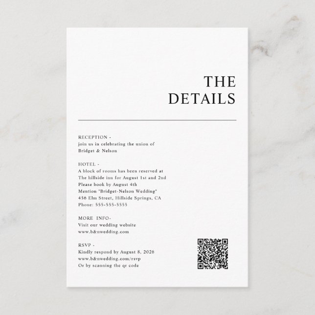 Minimalist QR Code Wedding Details Enclosure Card (Front)