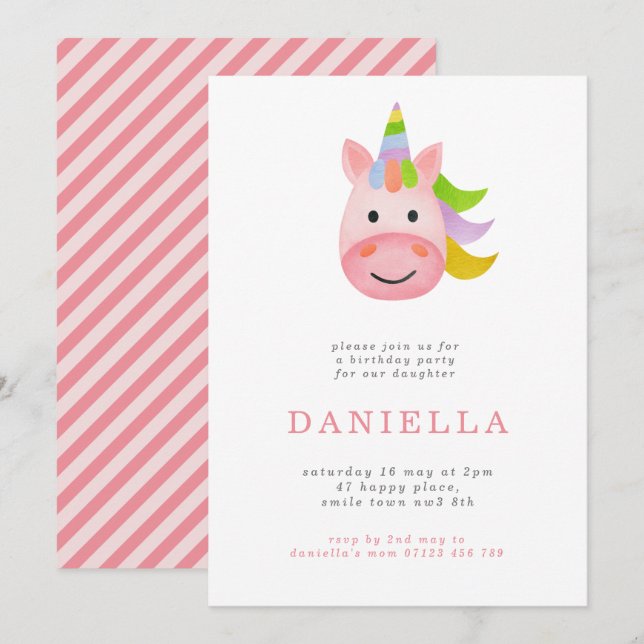 Minimalist Rainbow Unicorn Girls Birthday Party Invitation (Front/Back)