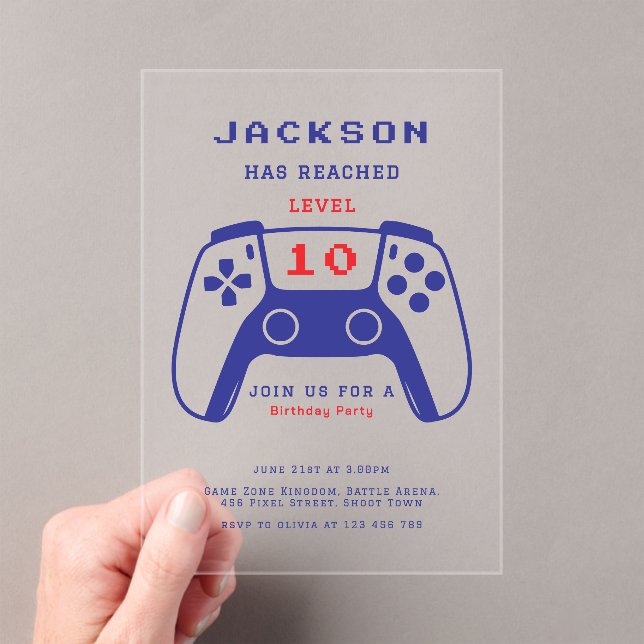 Minimalist Red and Blue Gamer Boys Birthday Party Acrylic Invitations (Insitu (Handheld))