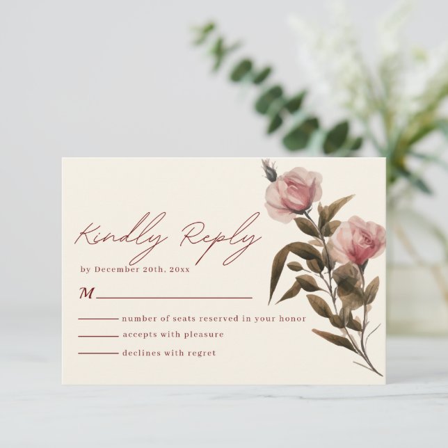 Minimalist red and blush pink Wedding RSVP Card (Standing Front)