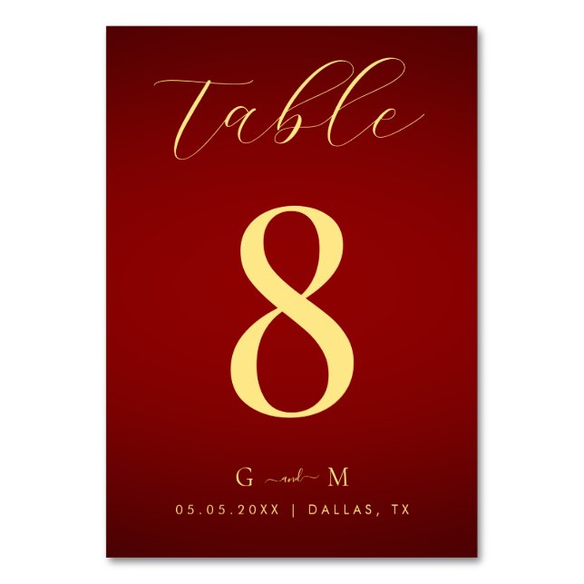 Minimalist Red and Gold Monogram Elegant Wedding Table Number (Front)