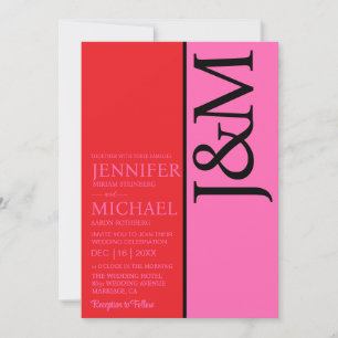 Minimalist Red and Pink QR Code on Back Wedding Invitation