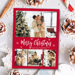 Minimalist Red and White 4 Photo Collage Christmas Postcard<br><div class="desc">Modern, Elegant, Red and White 4 Photo Collage Merry Christmas Script Holiday Postcard. This festive, mimimalist, whimsical four (4) photo holiday card template features a pretty photo collage, some snowflake and says Merry Christmas! The „Merry Christmas” greeting text is written in a beautiful white color hand lettered typography font type...</div>