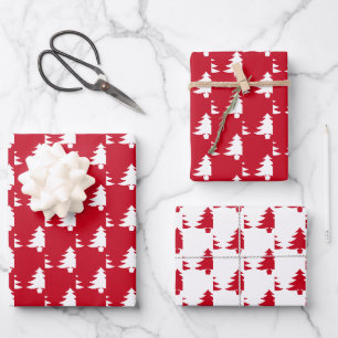 Minimalist Red And White Christmas Trees Wrapping Paper Sheet