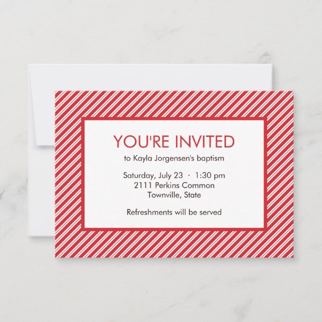 Minimalist Red and White Diagonal Stripe Baptism Invitation (Front)