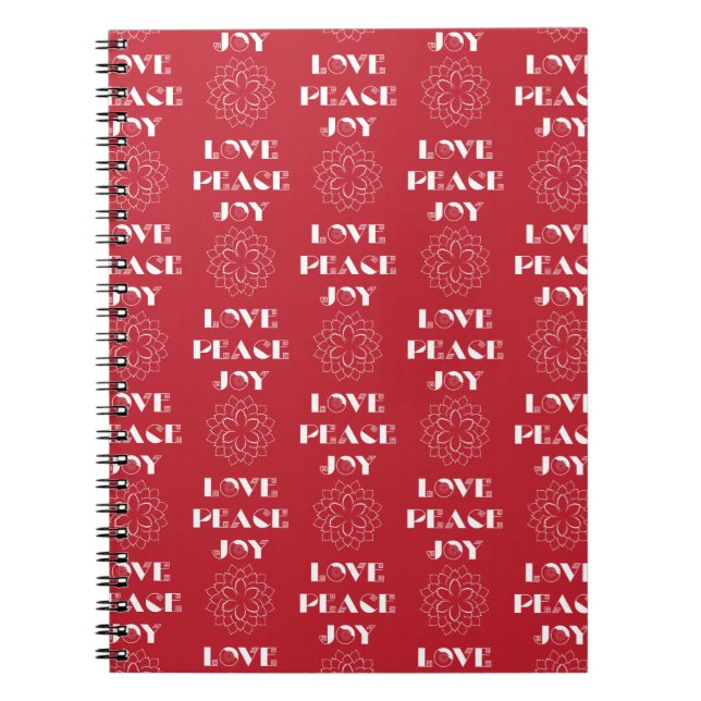 Minimalist Red and White Love, Peace, Joy Spiral Notebook (Front)