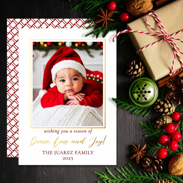 Minimalist Red and White Photo Peace Love and Joy (Wish your friends and family "Peace, Love and Joy" with this photo minimalist red gold white design.)