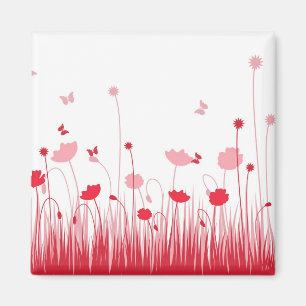 Minimalist Red and White Poppies Meadow Floral Magnet