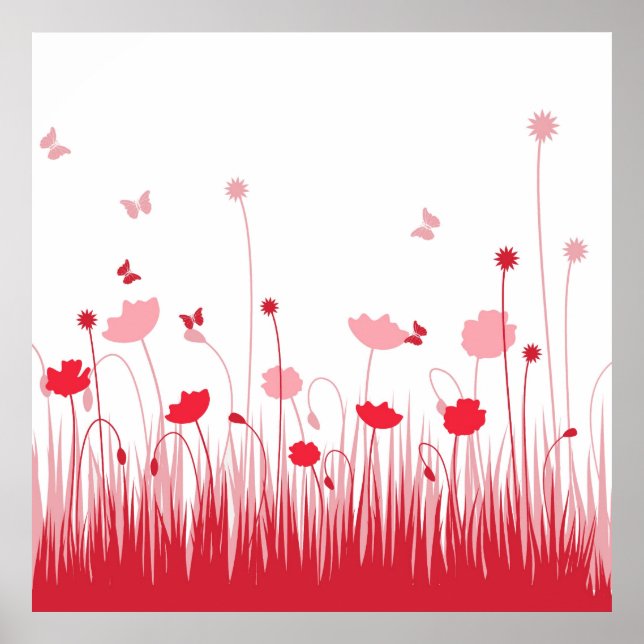 Minimalist Red and White Poppies Meadow Floral Poster (Front)
