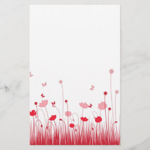 Minimalist Red and White Poppies Meadow Floral Stationery