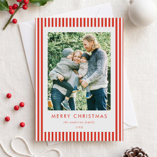 Minimalist Red and White Stripes Photo Christmas Holiday Card